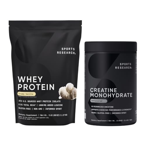 Sports Research® Creatine Monohydrate (100 Servings) " Vanilla Whey Protein (63 Servings), The Dynamic Duo for Lean Muscle Building, Improved Performance, Strength " Workout Recovery - Sports Nutritio
