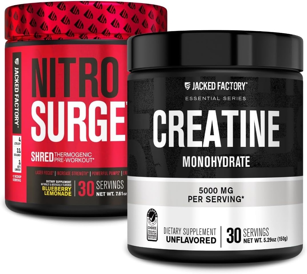 Fábrica de Jacked NITROSURGE Suplemento de entrenamiento previo (Blueberry Lemonade, 30 Servings) " Creatine Monohydrate Powder (Unflavored, 30 Servings)