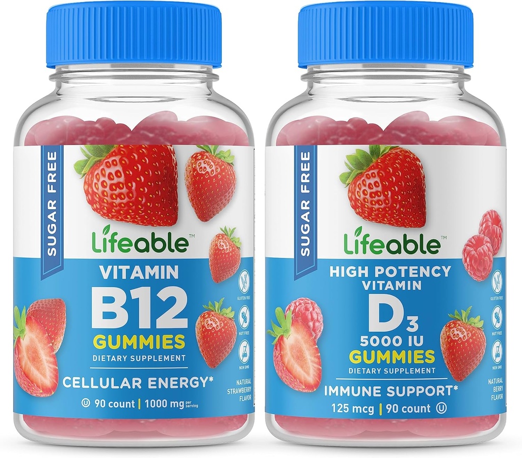 Vitamina libre de azúcar viva B12 + Vitamina D 5000 UI, Gummies Bundle - Gran Tasting, Suplemento de vitamina, Gluten Gratis, GMO Gratis, Chewable Gummy