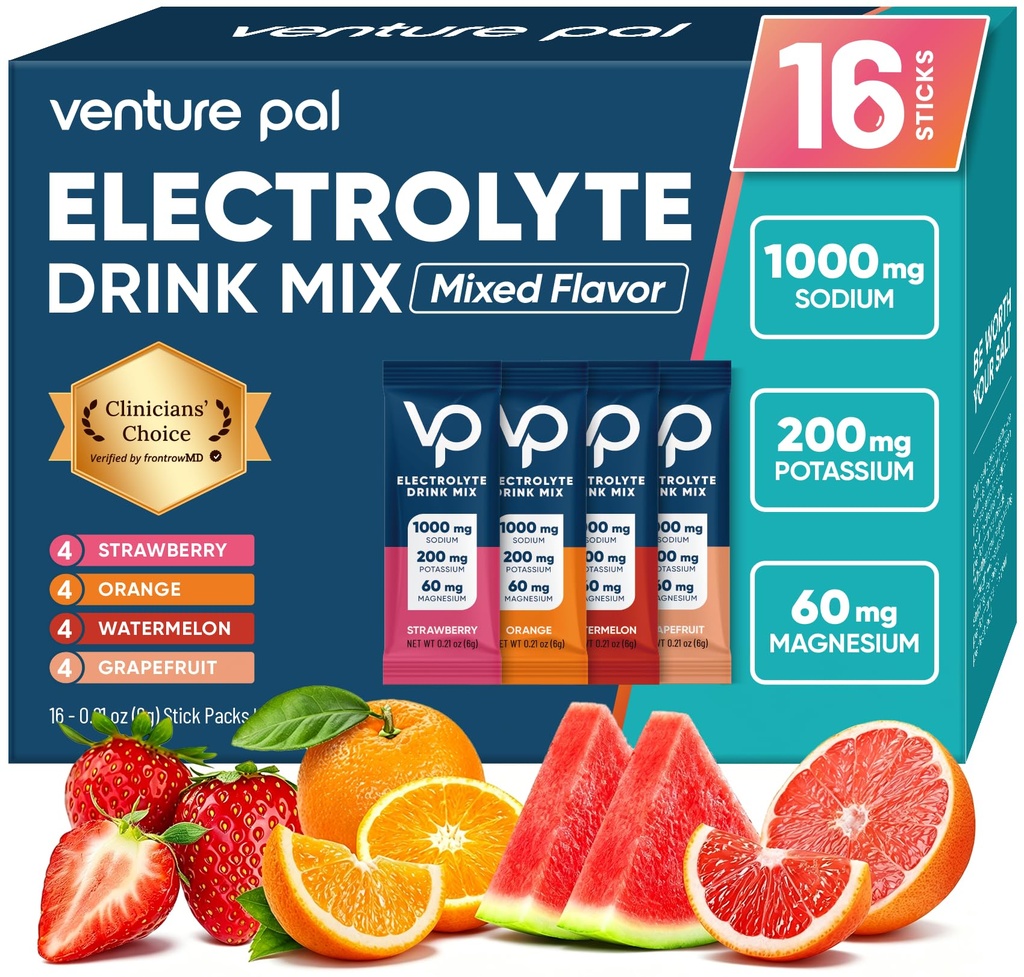 Venture Pal High Sodium Sugar Free Electrolytes Powder Packet - Hydration Packets with Vitamin, Sodium ' Potassium ← Zero Calories latitud Vegan, Keto & Paleo Friendly Electrolyte Drink Mix - 16 Sticks