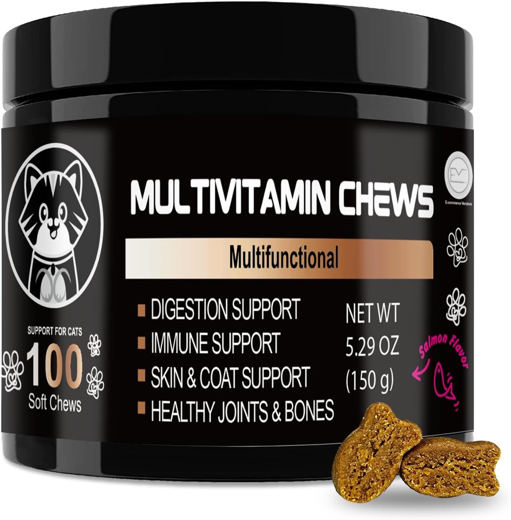 V-EST Cat Multivitamin Multifuncional – Soporta el sistema inmunológico, la salud conjunta y el bienestar de la piel – Saludos saludables para gatos interiores – Tablas de fácil acceso – Vitaminas para gatos