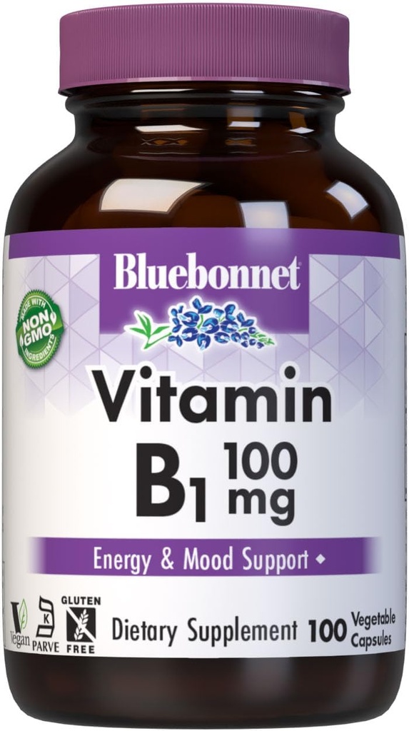 Bluebonnet Vitamina B1 100 mg - Mood Support & Energy Vitamins for Women & Men* - Thiamin HCl - Non-GMO, Vegan, Kosher, Gluten-Free - 100 cápsulas vegetales, 100 Day Supply