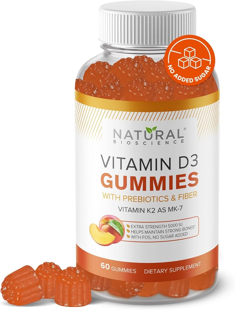 Azúcar vitamina D3 K2 Gummies - Vitamina D3 Gummies 5000 IU+K2 MK7 80 mcg, K2 D3 Suplemento Vitamina Adultos, Vitamina D K2 para Huesos, Inmune, Corazón, Mood, Libre de gluten, No GMO, Sabor de Peach Natural