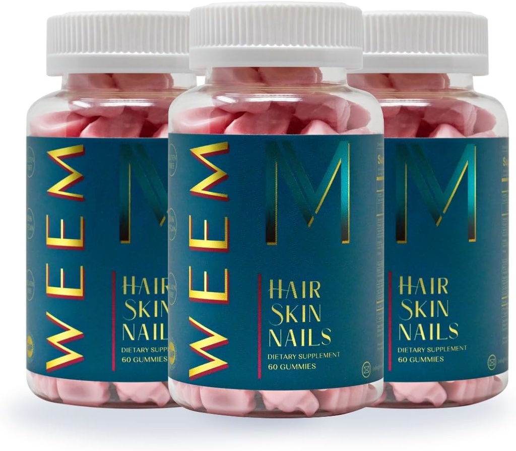 Weem Peluquería de piel y uñas Gummies - Soporta el cabello saludable - Vitaminas de biotina vegas para hombres de mujeres apoya el crecimiento del cabello más rápido, uñas más fuertes, piel sana, fuerza adicional (3)