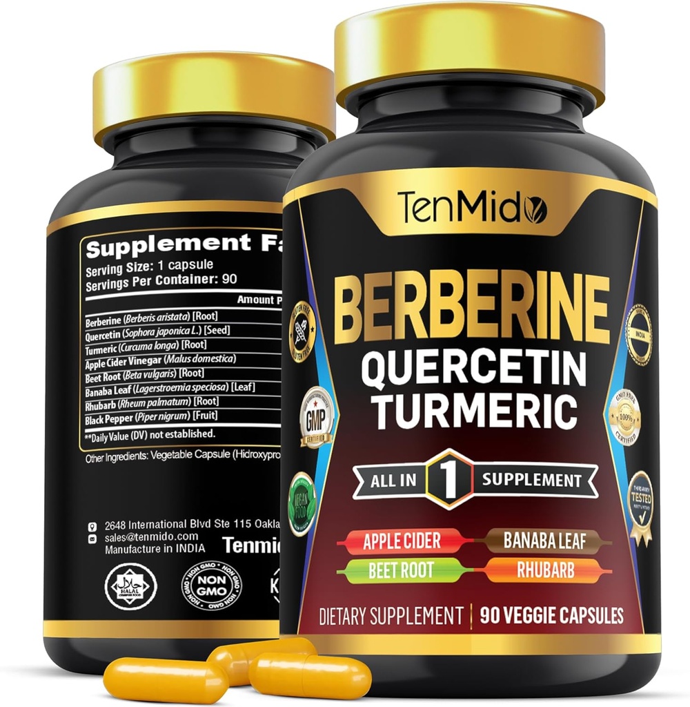 Beberine Suplemento para Hombres y Mujeres, 8in1 Fórmula con Quercetina, Turmeric, Apple Sider Vinegar, Beet Root & More - Digestive, Immune Support - Rich in Nutrient - 90 Capsules