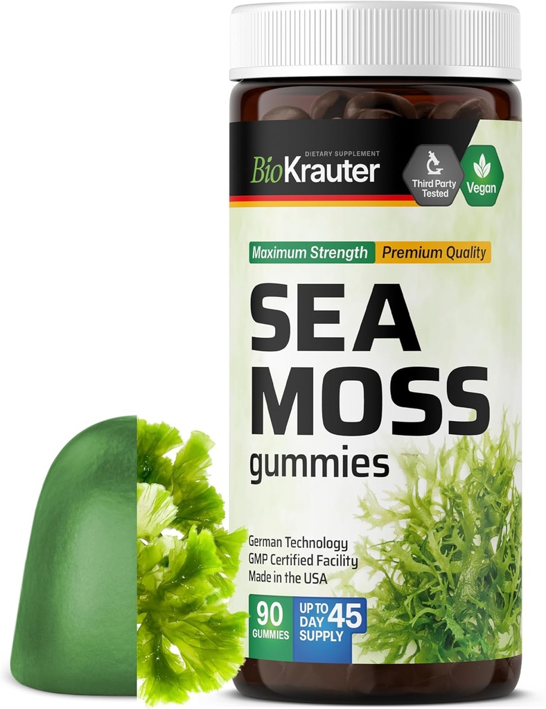BIO KRAUTER Irish Sea Moss Gummies for Women and Men - 2840 mg Strength - 90 Vegan Chews - Bladderwrack & Burdock Root Suplemento - Chondrus Crispus Fórmula - Seamoss Gummies