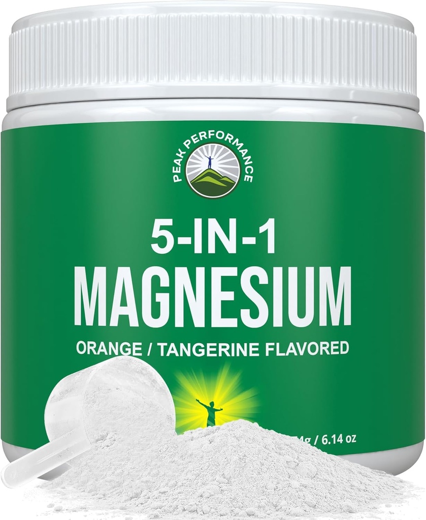 5-en-1 Bebida de Polvo de Magnesio para Mujeres & Hombres. Magnesio Glycinate + Citrato + Malate + Chelate + Taurate. Gran Tasting Vegan Suplemento para la relajación muscular, sueño, calambres. Orange Flavor