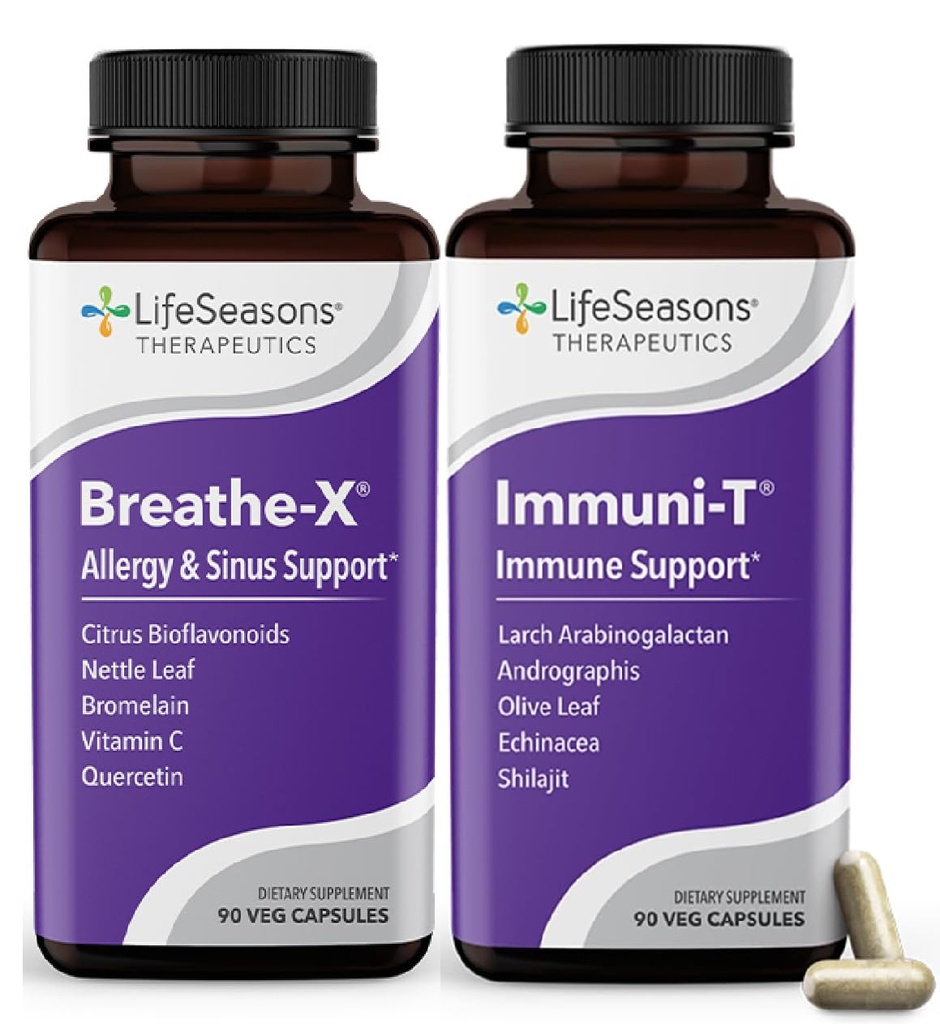 LifeSeasons Breathe-X con Immuni-T - Alergía & Sinus Relief Supplement - Supports Sinuses & Nasal Discomfort - No-Drowsy & Fast-Acting - 180 cápsulas