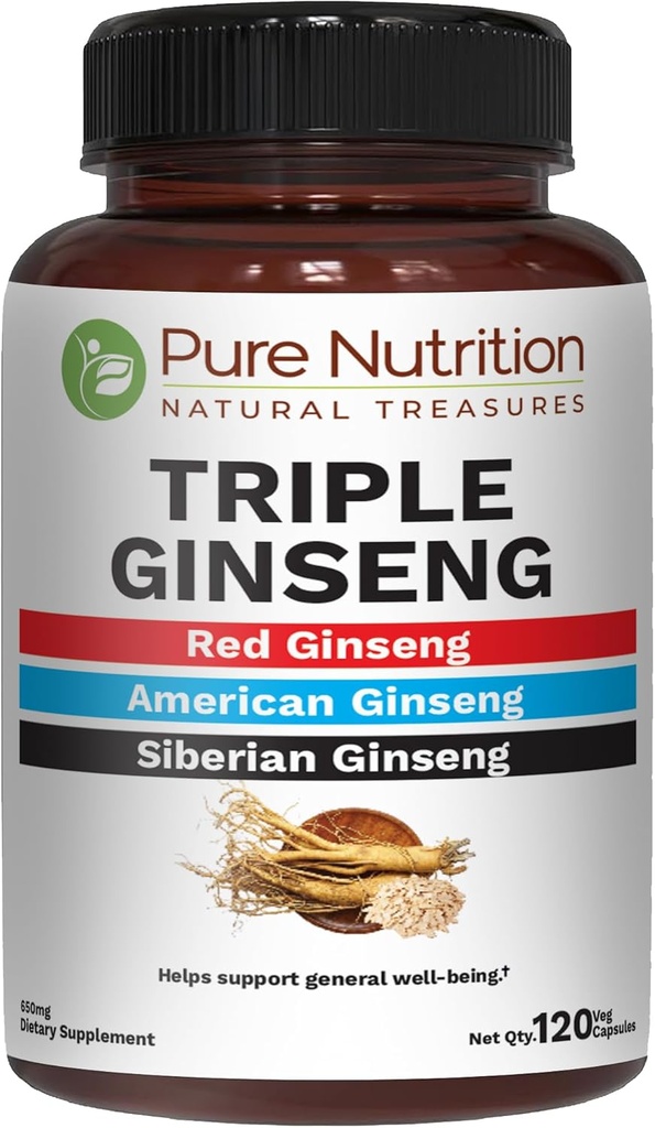 Ginseng Triple Nutrición Pura 650mg Complejo de Caps tención para Hombres y Mujeres TENIDO Combinación de Ginseng rojo, americano y siberiano de alta eficacia. Non GMO