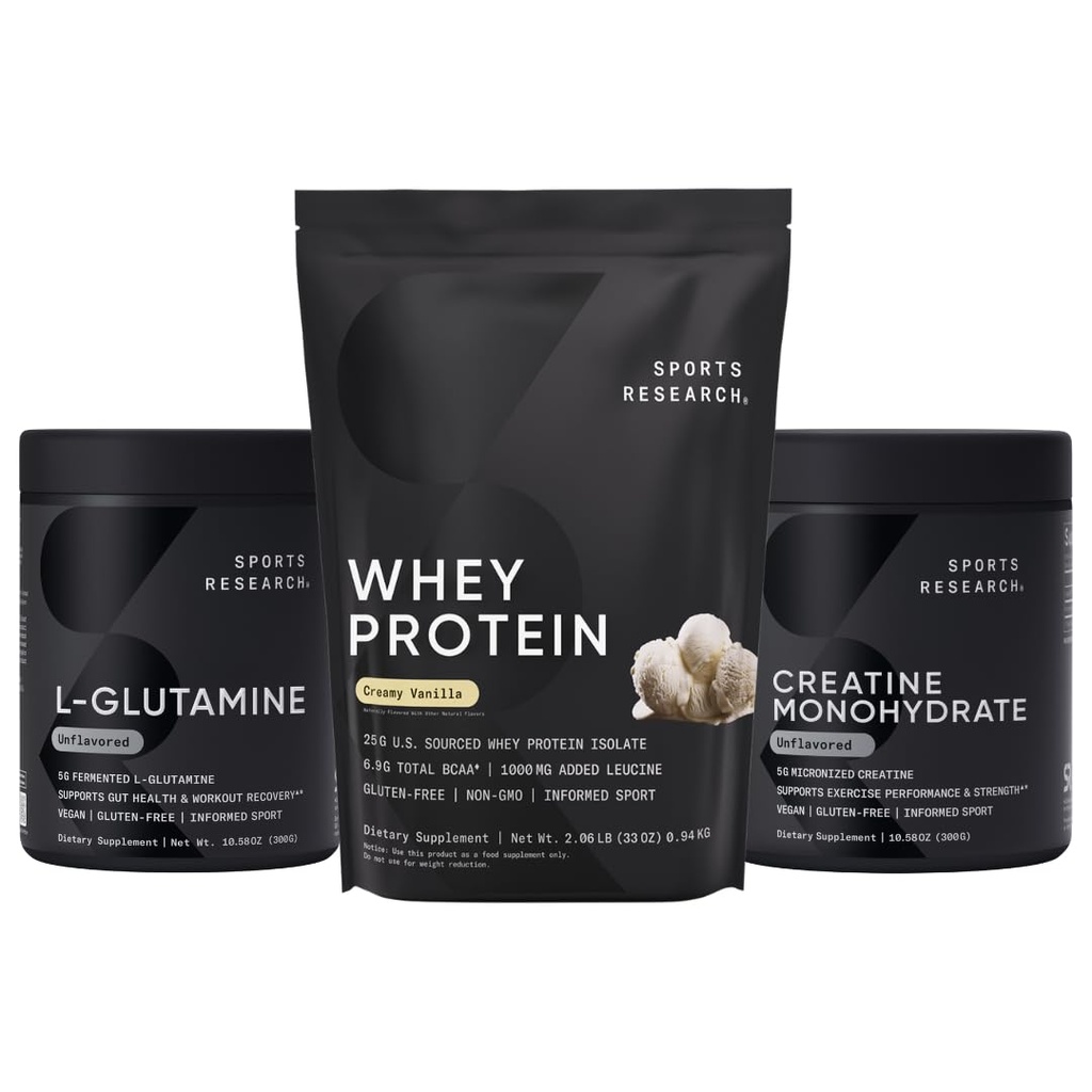 Sports Research® Recovery Matrix - Whey Isolate Protein Powder 2.1lb + L-Glutamina 10.58 Oz + Monohidrato de crema 10.58 Oz