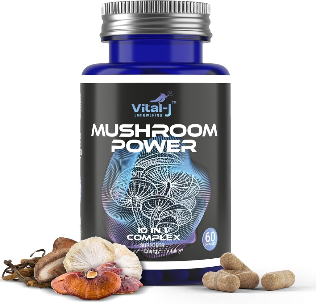 Mushroom Power Complex 10-in-1 W/Cordyceps, Reishi, Shiitake & Lions Mane, Nootropic Dietary Supplement for Gut Microbiome, Focus, Energy & Vitality - 60 cápsulas