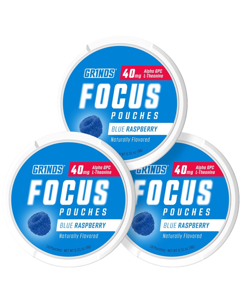 GRINDS Focus Pouches - Naturalmente Flavored with Nootropic Ingredients - Contiene Alpha GPC y L-Theanine, Sugar-Free - 3 Pack, 18 Pouches Por Can - Blue Raspberry