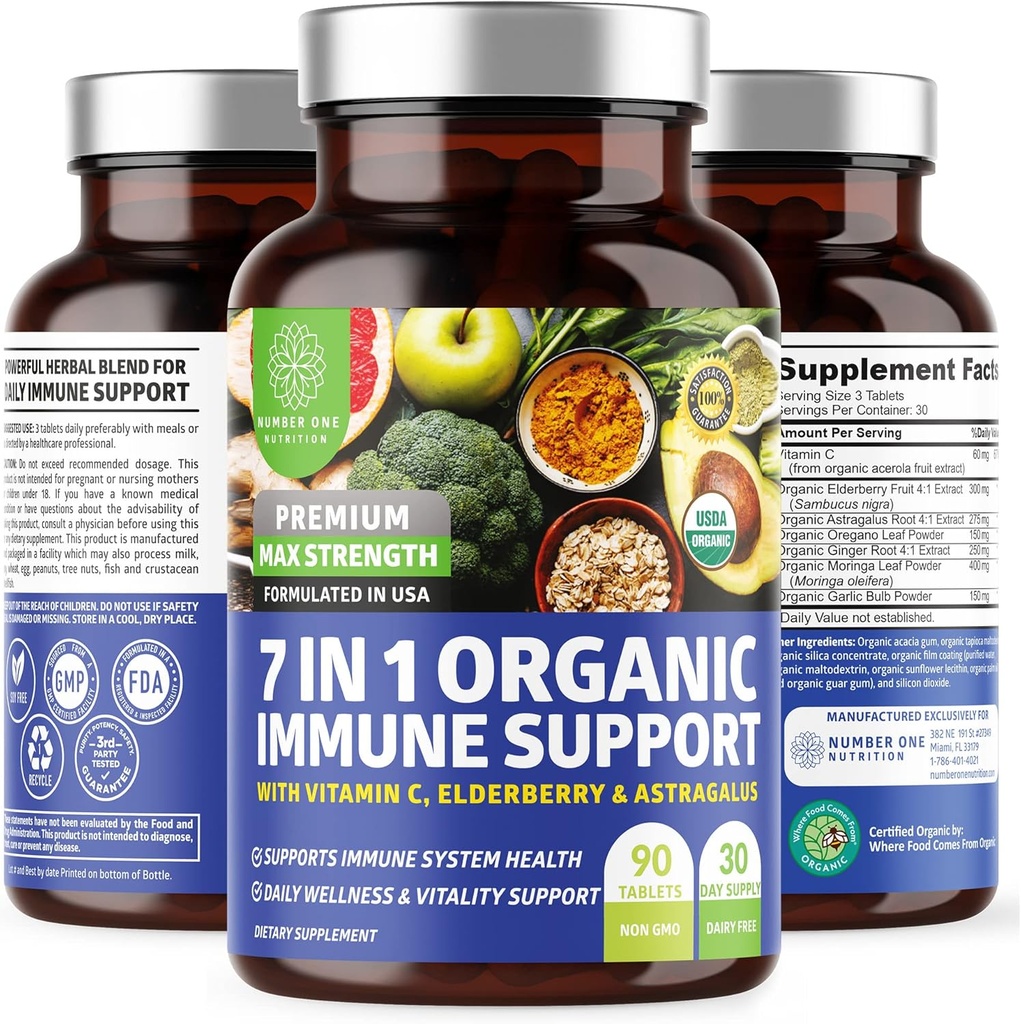 N1N Premium 7 in 1 Immune Support Supplement [100% USDA Organic] Boosto diario con vitamina C, Elderberry, Moringa Leaf, orégano y ajo para la inmunidad y la respuesta inflamatoria, 90 Tabletas