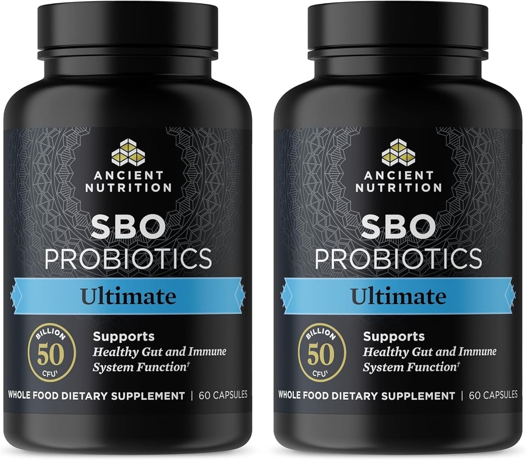 Ancient Nutrition Probiotics, SBO Probiotics Ultimate 50 Billion CFUs*/Serving, Digestive and Immune Support, Gluten Free, Ancient Superfoods Blend, Shrink-Wrapped 60 Capsules (2 Pack)