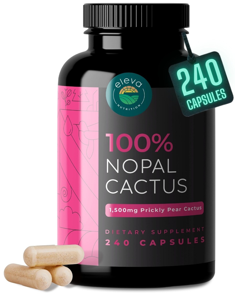Cáctus de Nopal Capsules 1500mg- Orgánica Sol-Cáctus de Pear Cáctus Fruta Polvo &amp; Pepper Negro Extracto para Absorción- Prickly Pear Super Suplemento- Fibra, Vitaminas y Minerales 240 Cápsulas