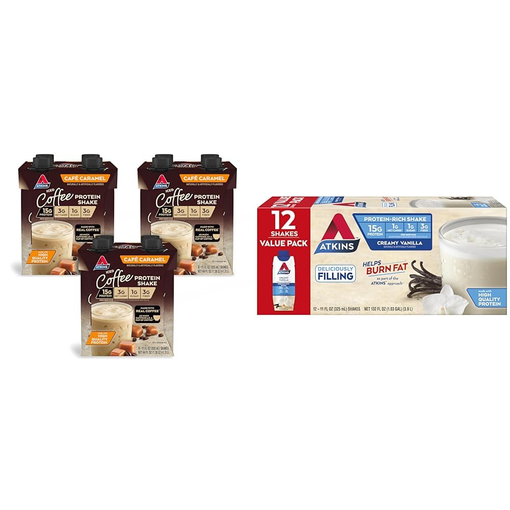 AtkinsCafé Caramel Iced Coffee Protein Shake, 15g Protein, Low Glycemic, 3g Net Carb, 1g Sugar & Creamy Vanilla Protein Shake, 15g Protein, Low Glycemic, 2g Net Carb, 1g Sugar, Keto Friendly