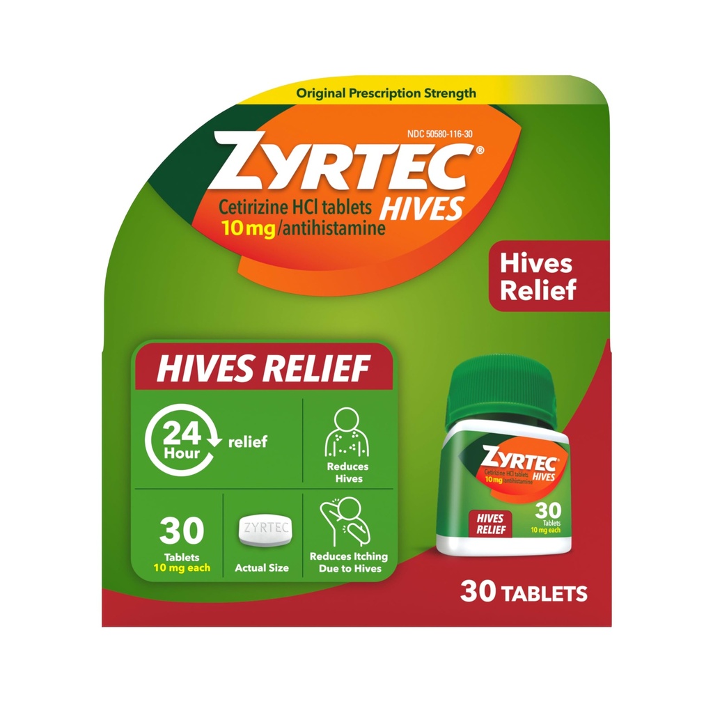 Zyrtec 24 horas Hives Relief Tablets, 10 mg Cetirizine HCl Tablets to Help Reduce Hives " Reduce Itching Due to Hives, Antihistamine Tablets for Itch Relief " Treatment of Urticaria, 30 cts