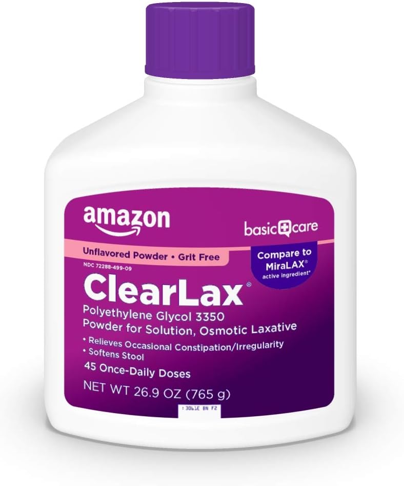 Cuidado básico Amazon ClearLax Polyethylene Glycol 3350 Polvo para la solución, laxante osmético, Alivia el estreñimiento ocasional, Desarrollado, 1,68 libras (Pack of 1)