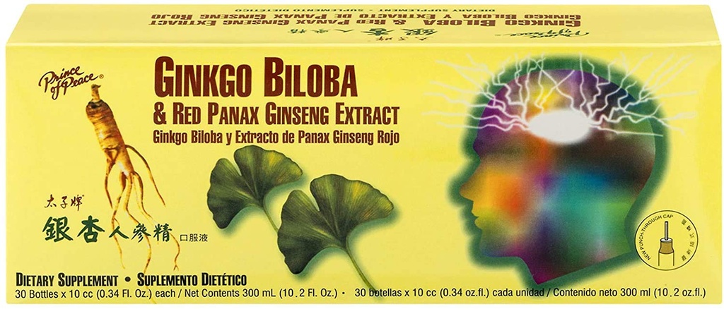 Prince Of Peace Ginkgo Biloba & Red Panax Ginseng Extract, 0.34 fl. oz. Each – Ginkgo Biloba Supplement – Chinese Red Panax Ginseng Extract – Supports Overall Well-Being - 2 Pack - 60 Bottles
