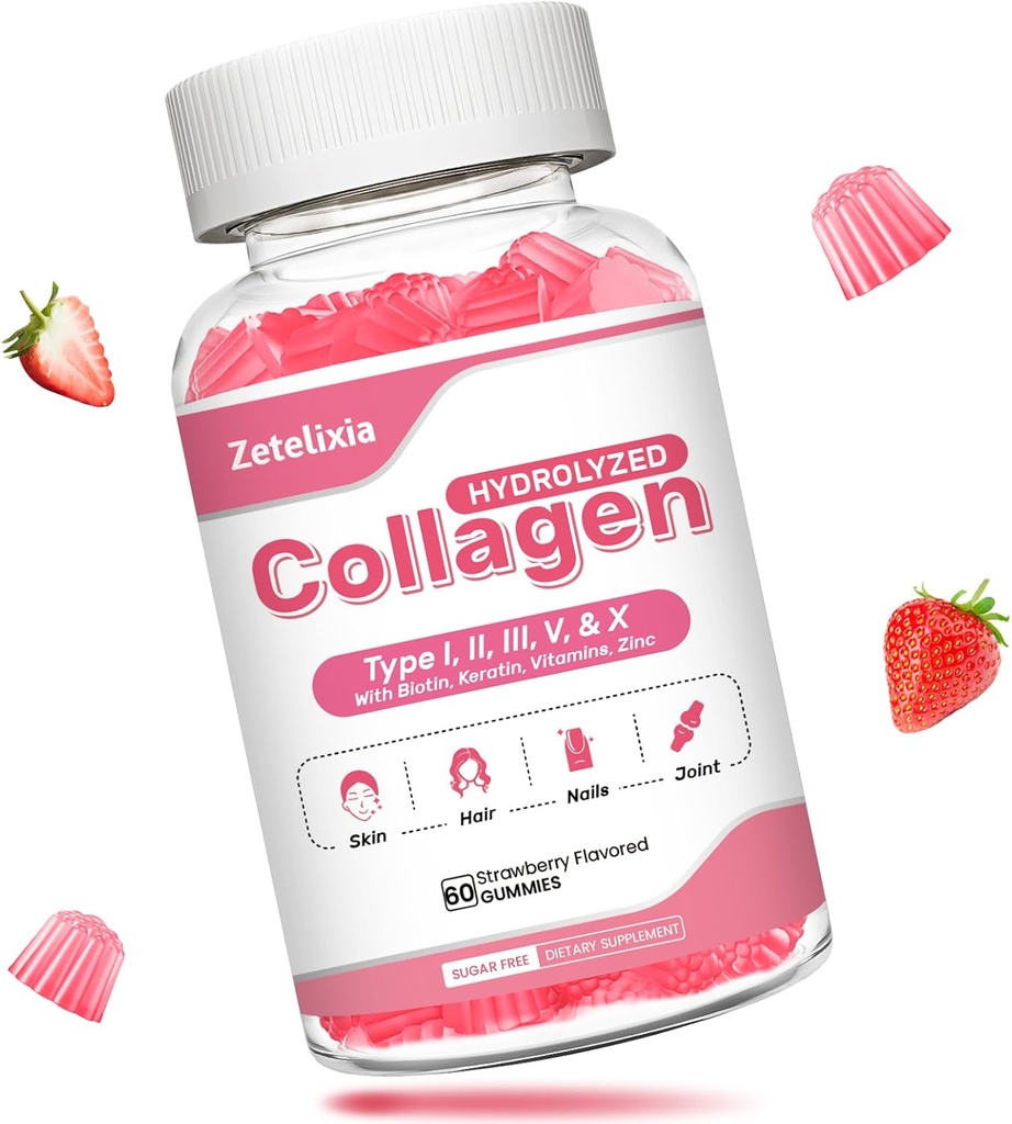 Collagen Gummies for Women Men, Hydrolyzed Collagen Peptide Tipo I,II,III,V,X with Biotin, Vitamina C A B D E for Skin Hair Nails J0ints, Immunity Energy Digestion, Sugar Free, 60 Count