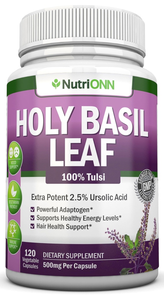 Hoja de Basil Capsules - 500mg - 2.5% Ácido ursolico - 120 cápsulas Vegan - Suplemento Extracto Real de Tulsi - Mente Positiva - Herb Adaptogénico &amp; Ayurvédico