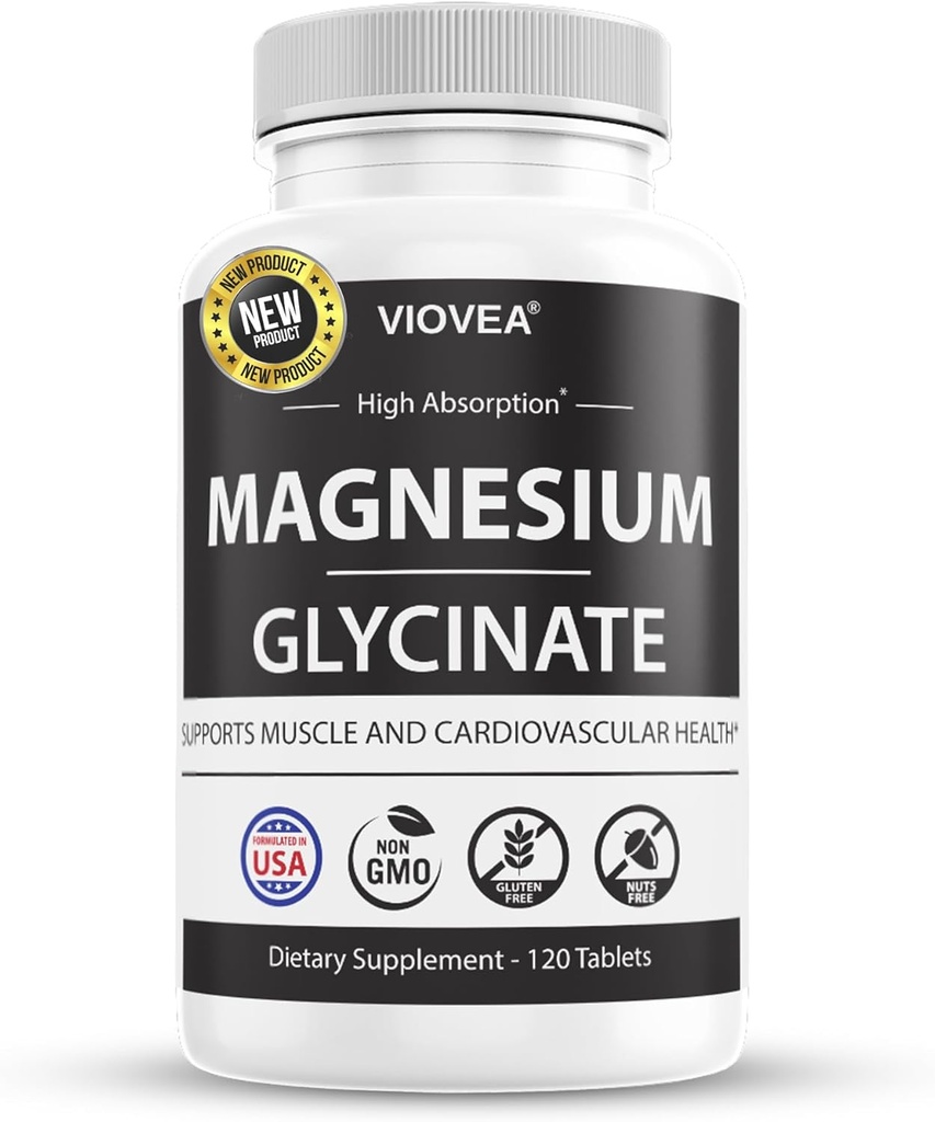 Magnesio Glycinate - Hecho en EE.UU., 400mg por Serving, 120 Tablets, 100% Chelated for Higher Absorption, Non-GMO and Gluten-Free, Supports Muscle, Bones and Heart Well-Being
