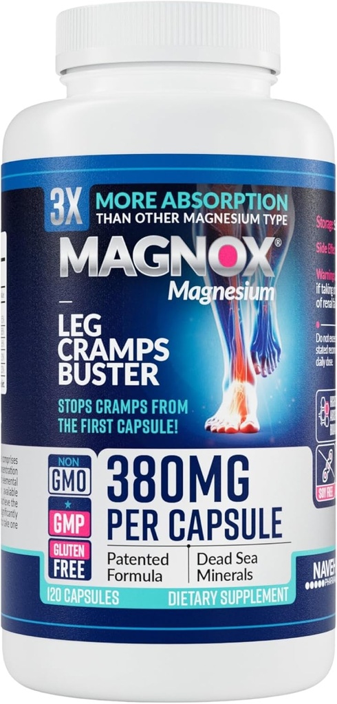 MAGNOX® Leg Cramps Buster  380mg Magnesium for Leg Cramps at Night TEN Magnesium Supplement for Muscle Spasms ANTE 3X Más Absorption  durable Dead Sea Minerals TENIDO Sleep & Muscle  durable 120 Caps