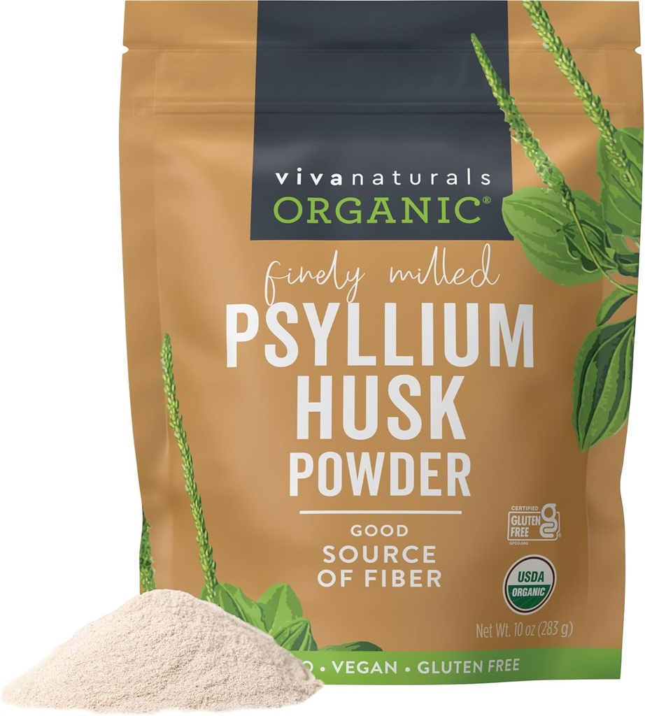 Viva Naturals Orgánica Psyllium Husk Powder, 10 oz – Finely Ground, Unflavored, Vegan, Keto, Paleo, Non-GMO Superalimentos de base vegetal, buena fuente de fibra para hornear sin gluten, jugos " smoothies