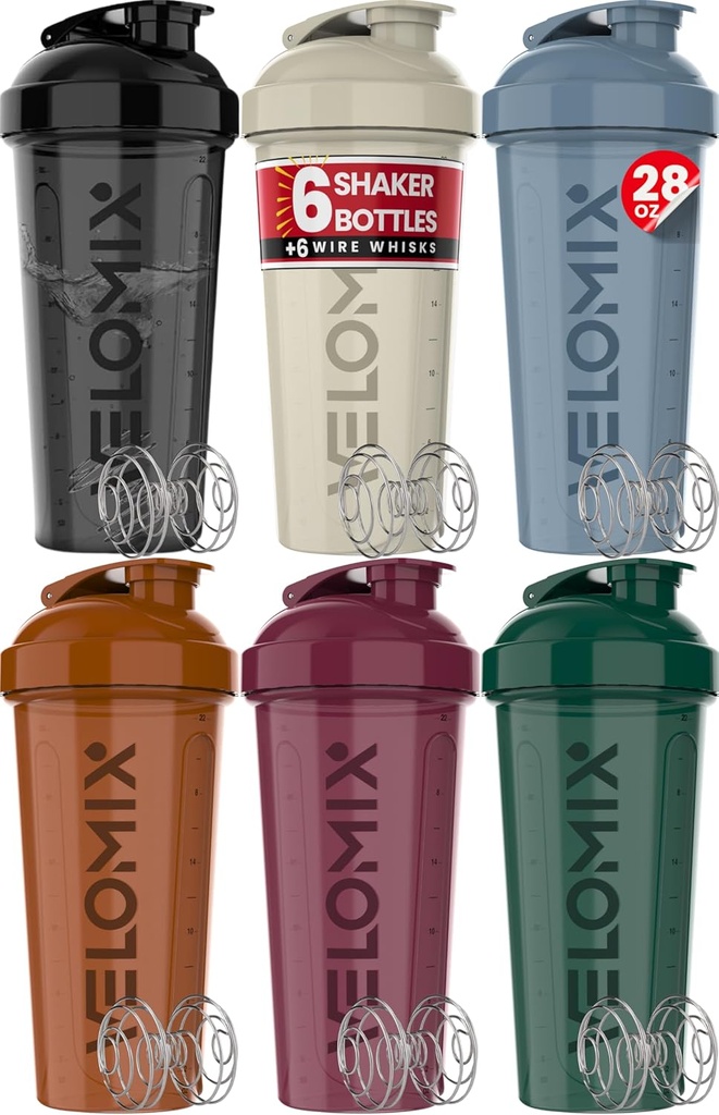 -6 PACK- 28 oz Protein Shaker Bottle for Protein Mixes - 6x Wire Whisk  Leak Proof Shaker Cups for Protein Shakes ← Protein Shaker Bottle Pack ← Protein Shake Cup (Earth Tones Collection)