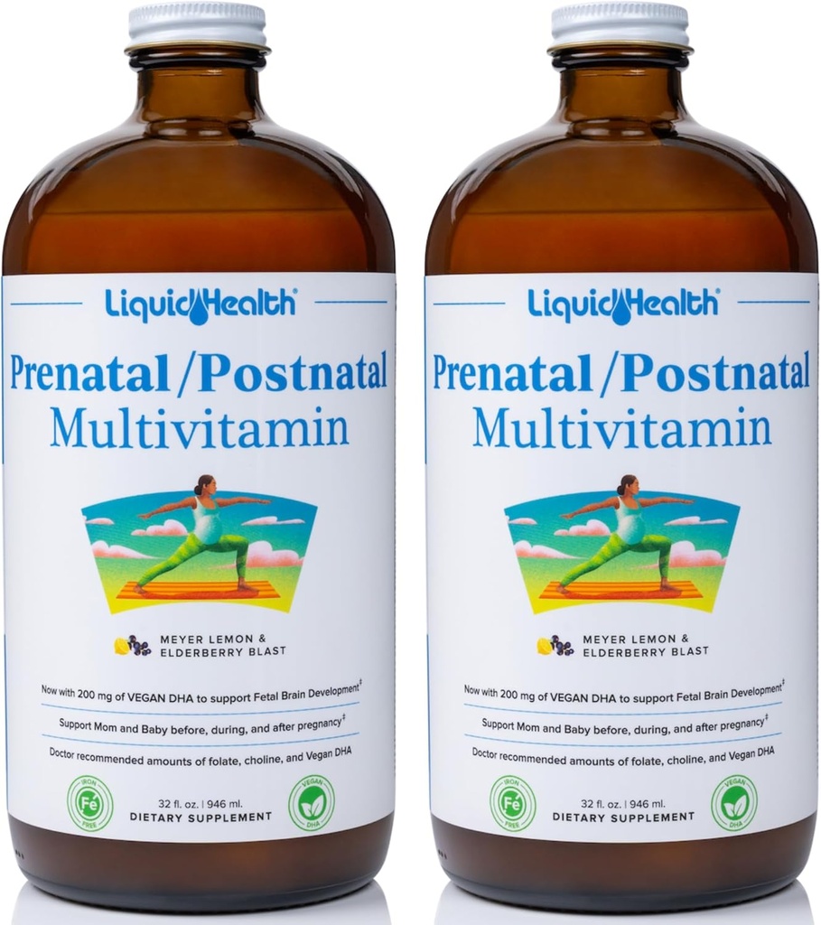LIQUIDHEALTH Prenatal/Postnatal Multiple Liquid Women's Multivitamin with Real Folate - Vitaminas posnatales para antes, durante, después del embarazo - Made in USA, Vegan, Libre de azúcar, no GMO (2 Pack)