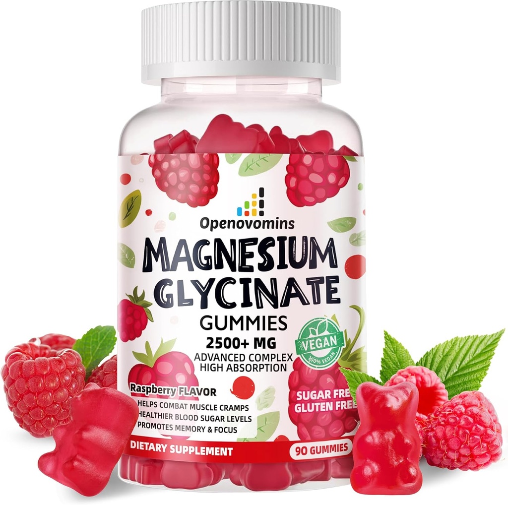 Magnesio Glycinate Gummies 2500mg - Suplemento de Potasio de Magnesio Libre de Azúcar con Vitamina D, B6, CoQ10 para calma Mood & Sleep Support - 90 Raspberry Gummies