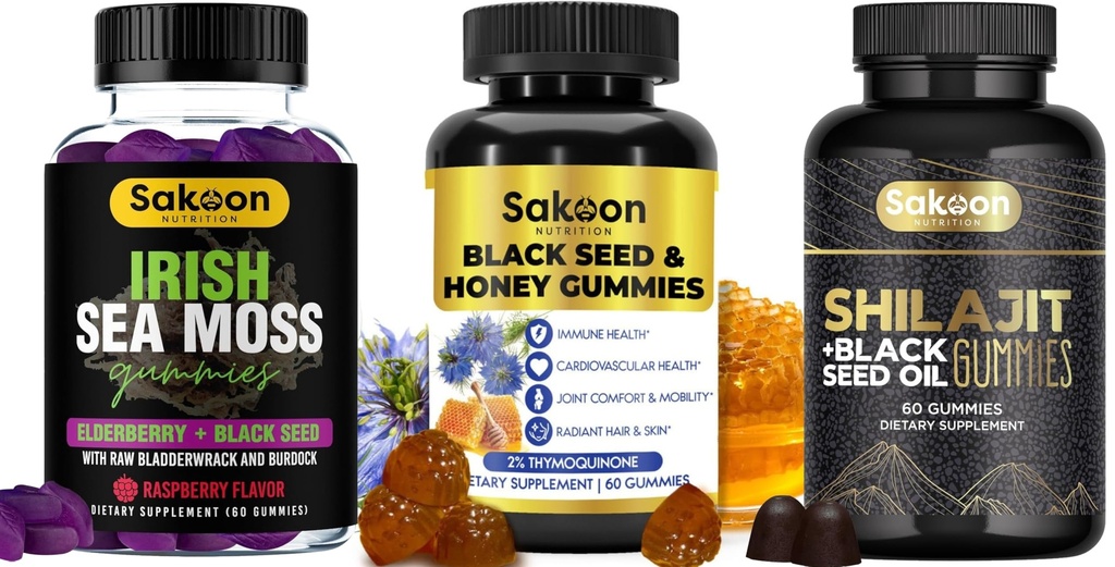 Sakoon nutrition Black Seed Oil Gummies Bundle – Black Seed Oil, Irish Sea Moss & Shilajit – Superfood Antioxidants for Immune Support, Digestion, Joints, Hair & Skin – 3 Pack, 180 Gummies