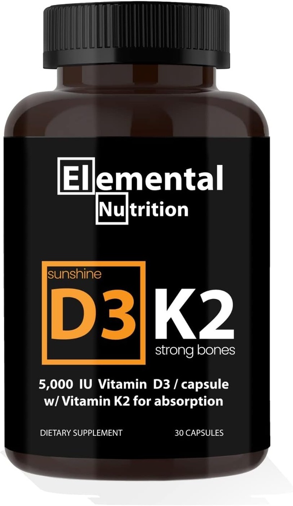 Vitamina K2 con D3 Extra Strength Suplemento Bone ¦ Heart Health Non-GMO Fórmula 5000 UI Vitamina D3 125 mcg & 100 mcg Vitamina K2 ← Fácil de Tragar Vitamina K & D, 30 cápsulas.