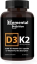 Vitamina K2 con D3 Extra Strength Suplemento Bone ¦ Heart Health Non-GMO Fórmula 5000 UI Vitamina D3 125 mcg & 100 mcg Vitamina K2 ← Fácil de Tragar Vitamina K & D, 30 cápsulas.