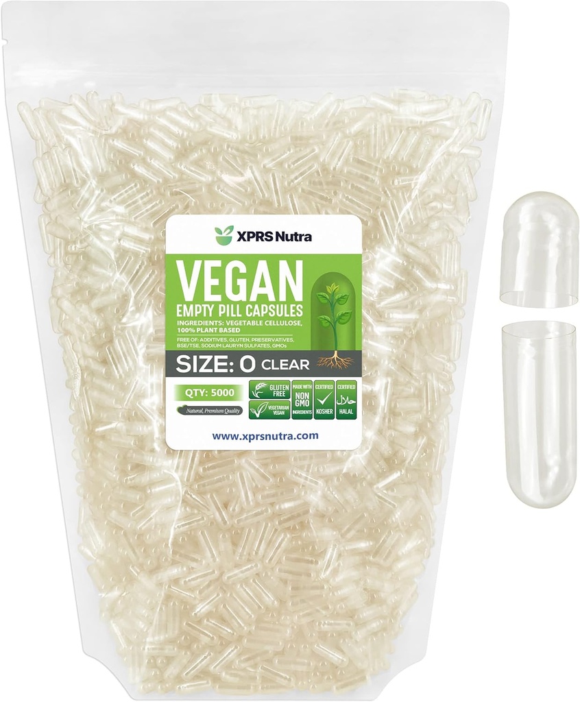 XPRS Nutra Size 0 Empty Capsules - 5000 Cuentas Clear Empty Vegan Capsules - Vegetarian Pills - DIY Relleno de cápsulas vegetales - Capas de píldoras vegetarianas para suplementos Do-It-youself
