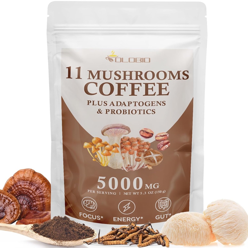Café de setas, 11 setas orgánicas más Adaptógenos y Probióticos, con Mane de león, Chaga, Reishi, Complejo Cordyceps, Café instantáneo para Focus, Energía, Gut, Digestión, Inmunidad - 5.3oz