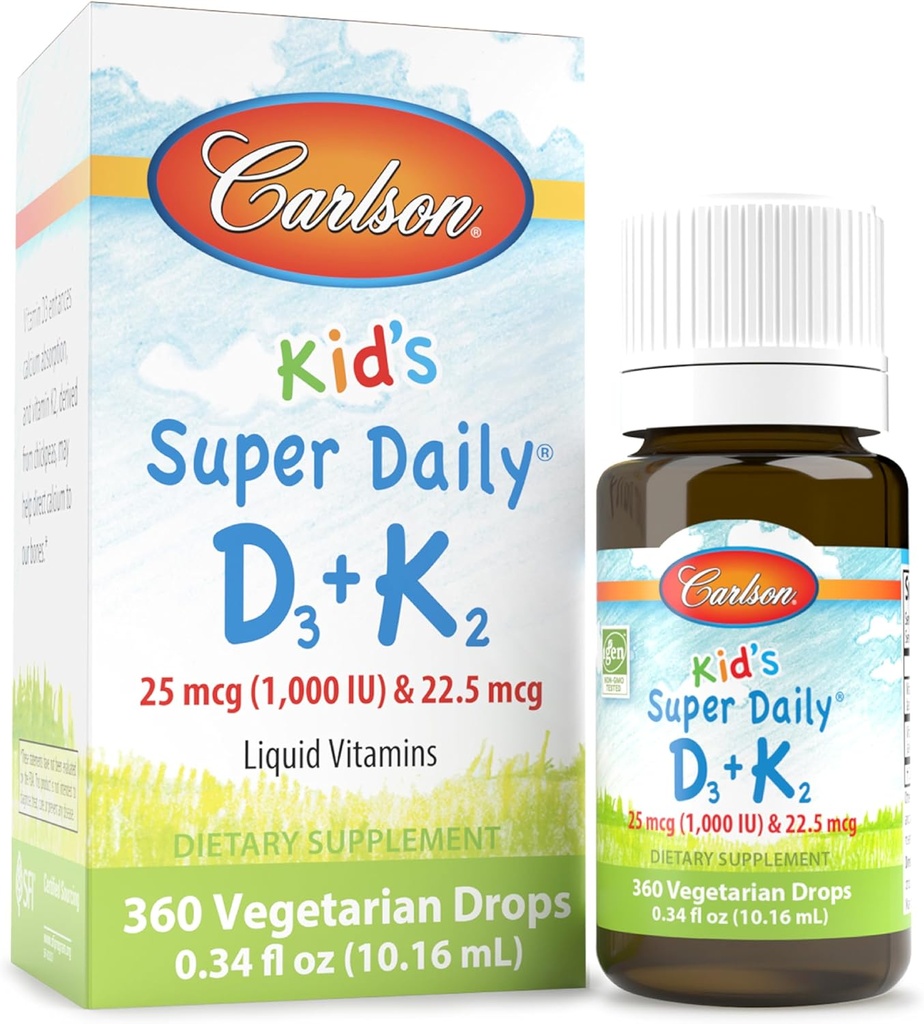Carlson - Super Daily D3+K2, 25 mcg (1,000 UI) D3 & 22,5 mcg K2, Vitamina D gotas con Vitamina K2, Vitaminas líquidas, 1000 UI Vitamina D3, Corazón & Bone Health, 1-Año de suministro, Desflavorado, 360 gotas