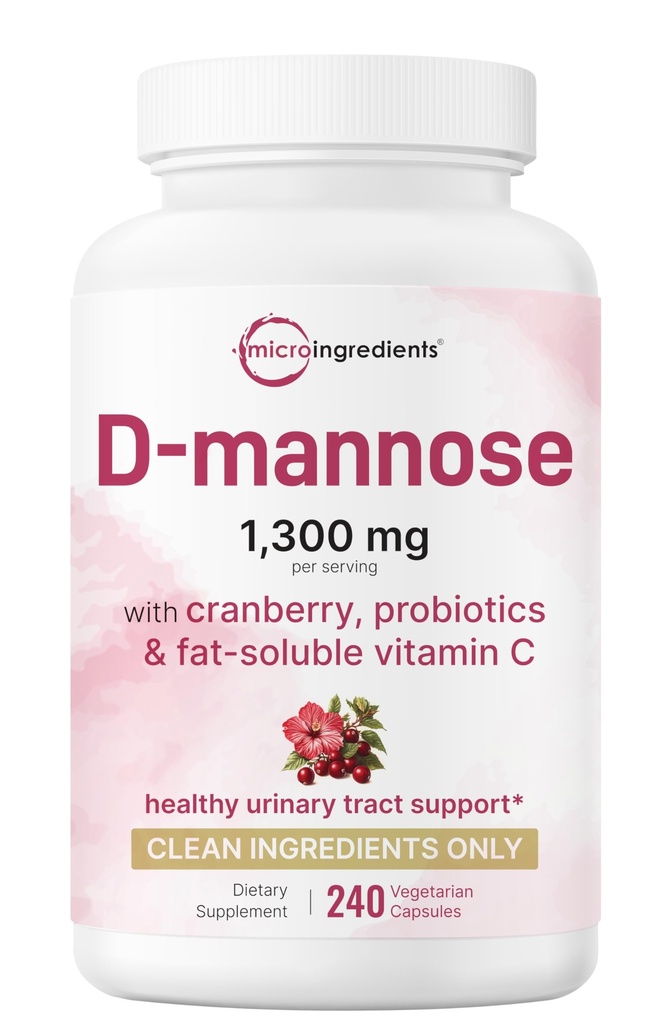 Pure D Mannose 1,300mg with Cranberry & Probiotics, 240 Veggie Capsules | Urinary Tract Health for Women | Plus 1 Million CFU Probiotics Blend & High Absorption Vitamin C | Filler Free, Non-GMO