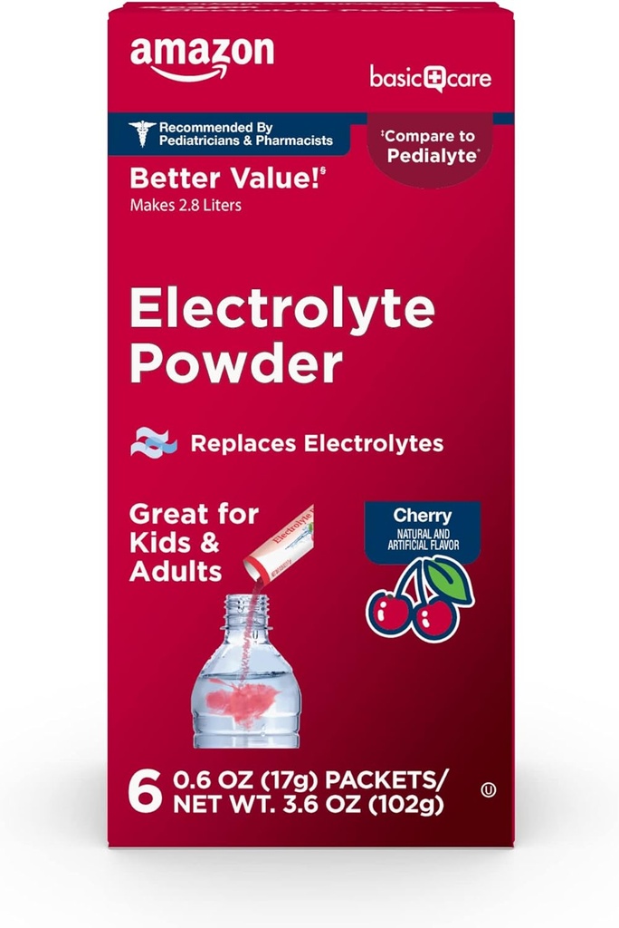 Amazon Basic Care Electrolyte Powder Packets for Kids & Adults, Cherry Flavor, 6 cuentan (Pack of 1)