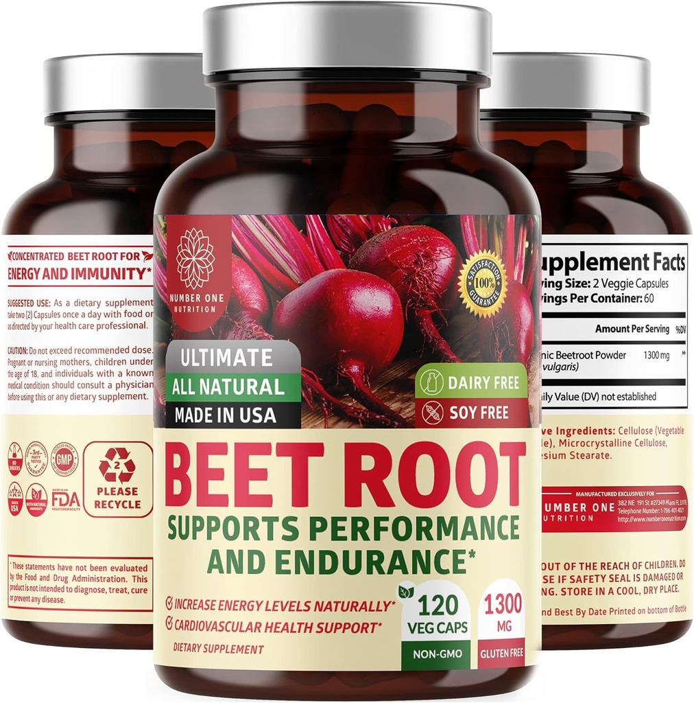 N1N Premium Organic Beet Root Capsules 1300mg 120 Veg Caps [No-GMO & Gluten Gratis] All Natural Beet Root Powder for Energy Support