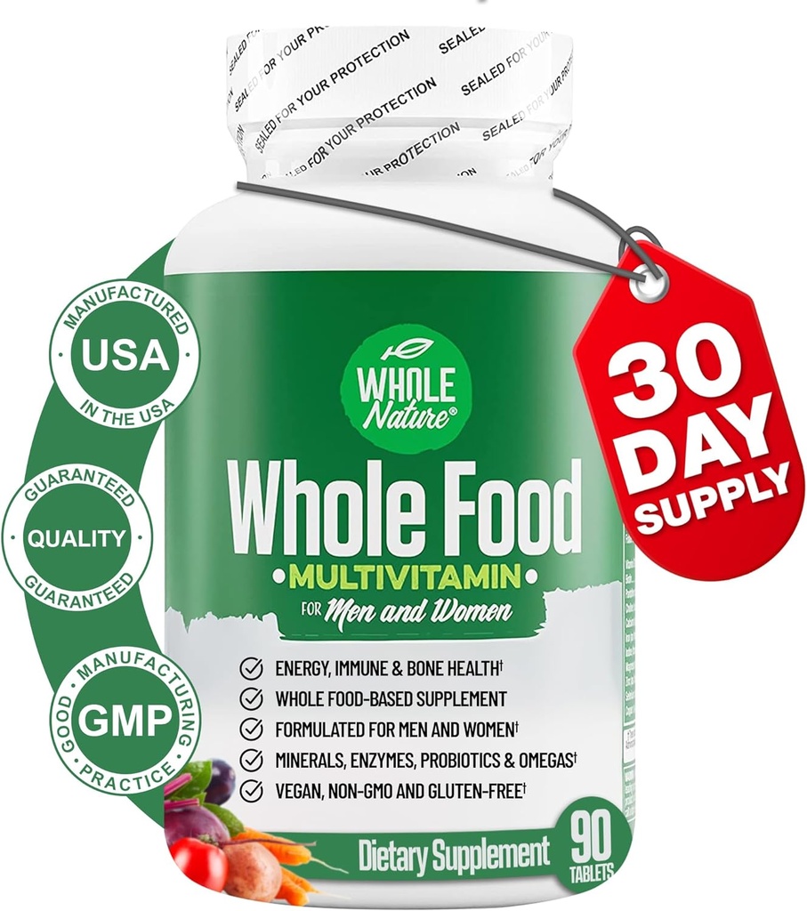 Multivitamina entera de alimentos para hombres y mujeres completa vitaminas de superalimentos diarios más minerales enzimas digestivas, probióticos y omegas. Vitamina Multicon base vegetal, no GMO (1)