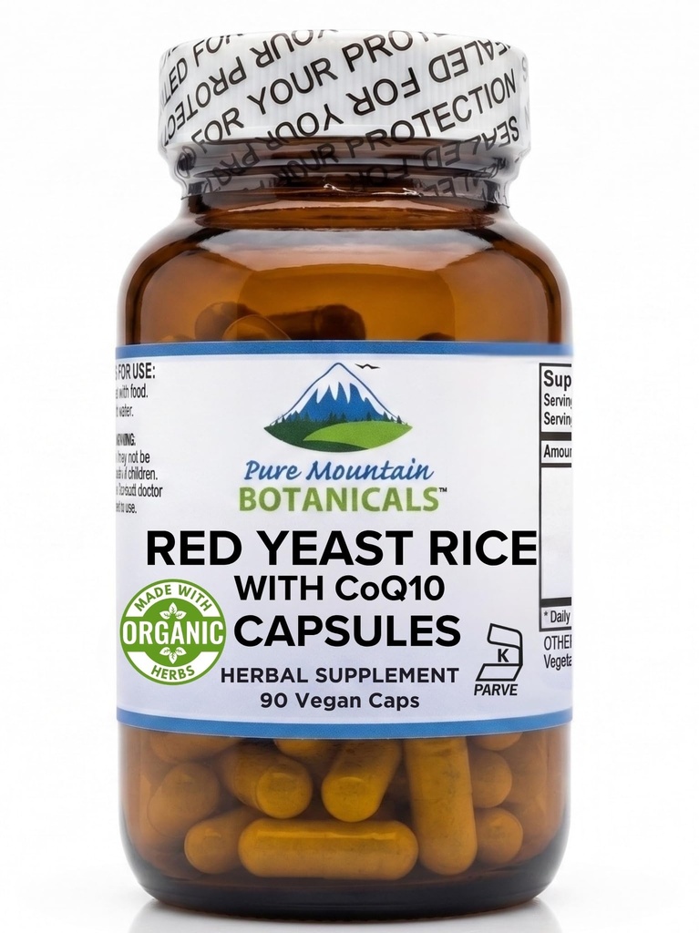 Pure Mountain Botanicals Red Yeast Rice with CoQ10 90 Kosher Vegan Capsules Ahora con 600 mg de levadura de arroz rojo orgánico Plus Co Q 10