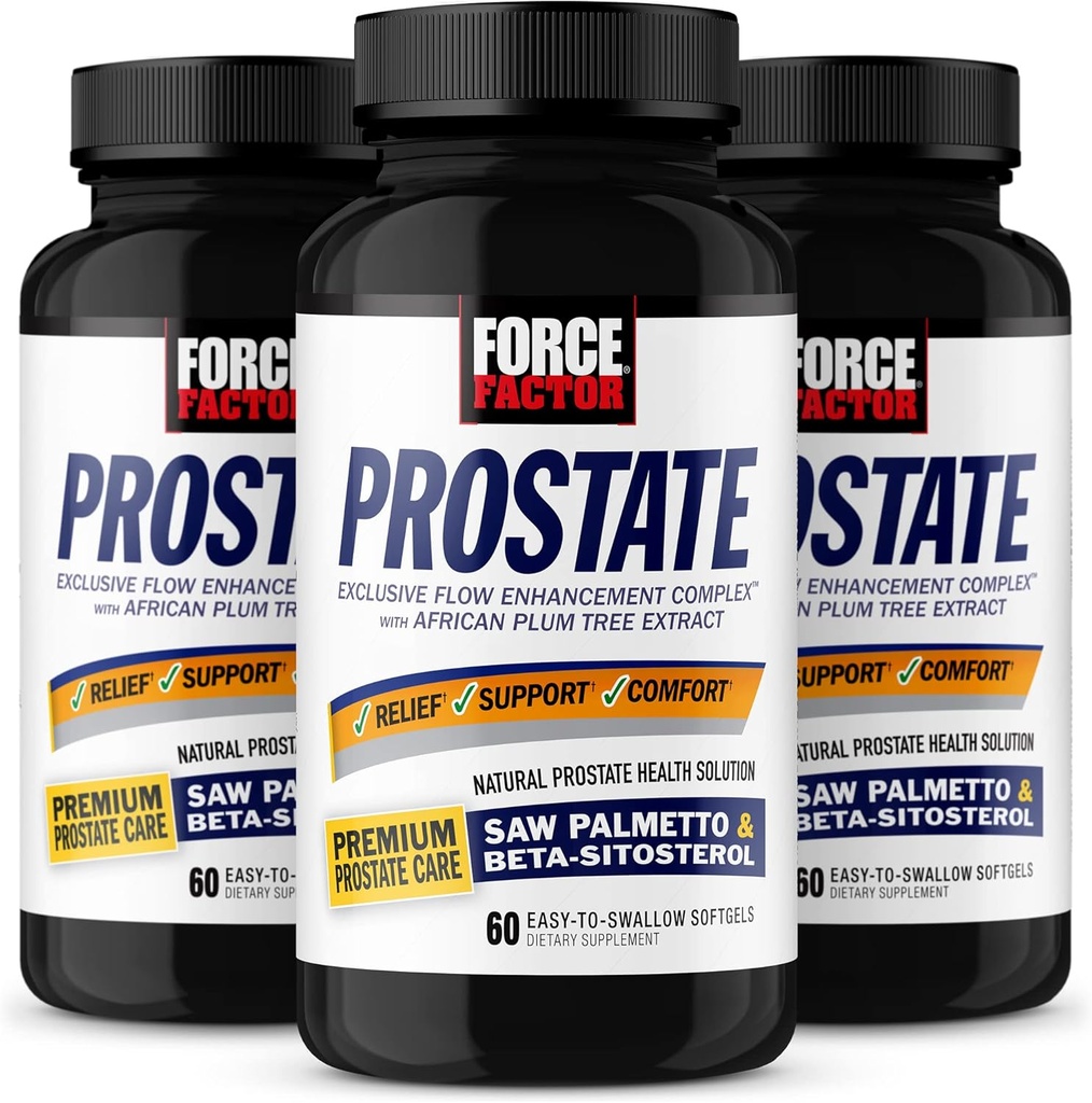 FORCE FACTOR Prostate, 3-Pack, Saw Palmetto y Beta Sitosterol Suplemento para Hombres, Apoyo a la Salud de la Prostata, Soporte de Tamaño, Alivio urinario, Control de la vejiga, Reducir la orina nocturna, 180 Softgels