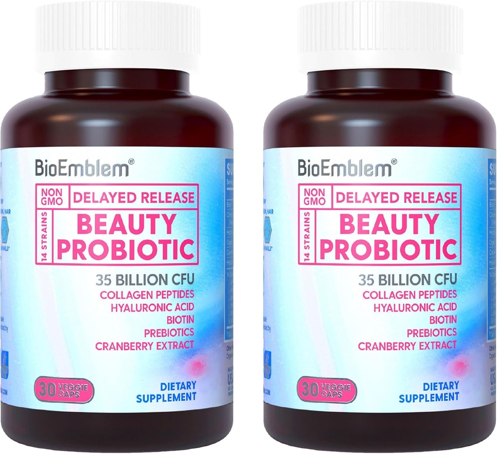 BioEmblem Beauty Probióticos para Mujeres, 35 millones de francos CFU 14 Estrenos con Biotina, Collagen, Prebióticos para Salud Digestiva, Esquí de Pelo y uñas, Suplemento Vaginal Probióticos, Estable de Estante, 60 Caps