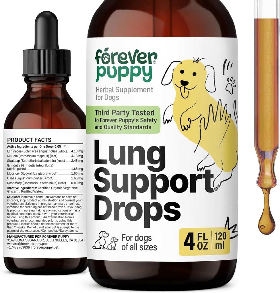 Bombas de soporte para perros - Suplementos de salud respiratorios - Hoja de Mullein & Echinacea Herb for Lungs - Vitaminas y Suplementos para perros líquidos - Tintura libre de azúcar - 4 fl oz