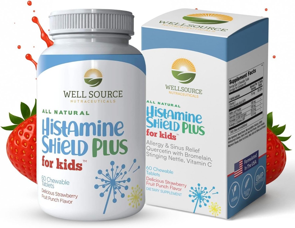 Suplemento natural de antihistamínico, Medicina de alergia a los niños, Alivio de Sinus & Alergias para Pollen, Pet Dander, Dust, Mold y Odor, 60 Tablas de Fruto de Fresa