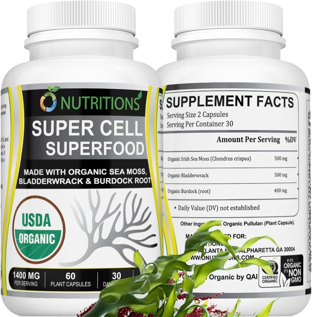 Moss 60 cápsulas USDA Certified Organic Irish Sea Moss Capsules with Bladderwrack & Burdock Root – Immune Support Suplemento Hombres y Mujeres – Mujeres Vitaminas y Mens Vitaminas (1 Pack)