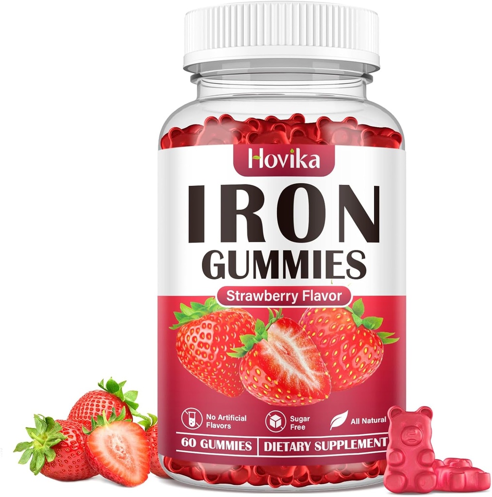 Iron Gummies Supplement for Women ' Men, Suplementos de hierro para niños para la anemia con vitamina C, B12, Folate - Constructor de sangre y apoyo energético para la deficiencia de hierro - sabor a fresa libre de azúcar, 60 Gummies