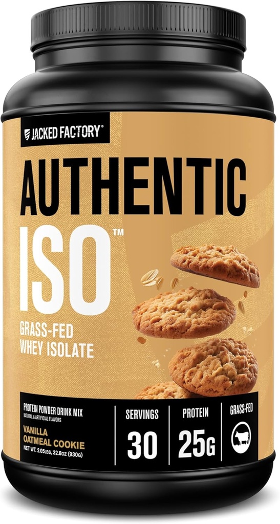 Fábrica Jacked Authentic ISO Grass Fed Whey Protein Isolate Powder - Low Carb, Non-GMO Muscle Building Protein w / No Fillers, Post Workout Recuperación, Vainilla Oatmeal Cookie