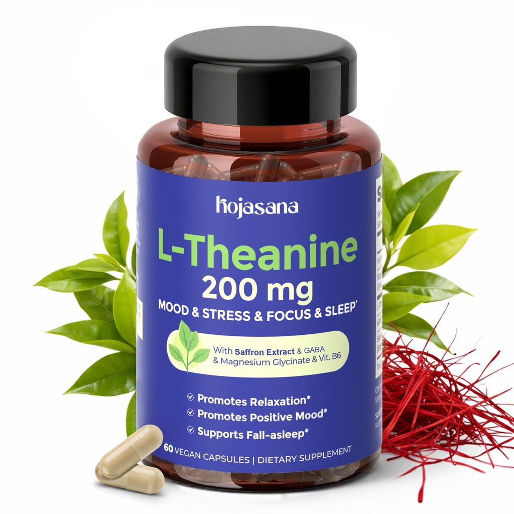 L Theanine 200mg con Saffron, GABA, Magnesium Glycinate & Vitamin B6, L-Theanine Supplement Advanced Complex Formula for Mood Relaxation & Stress Relief & Sleep Support, 60 Vegan Capsules